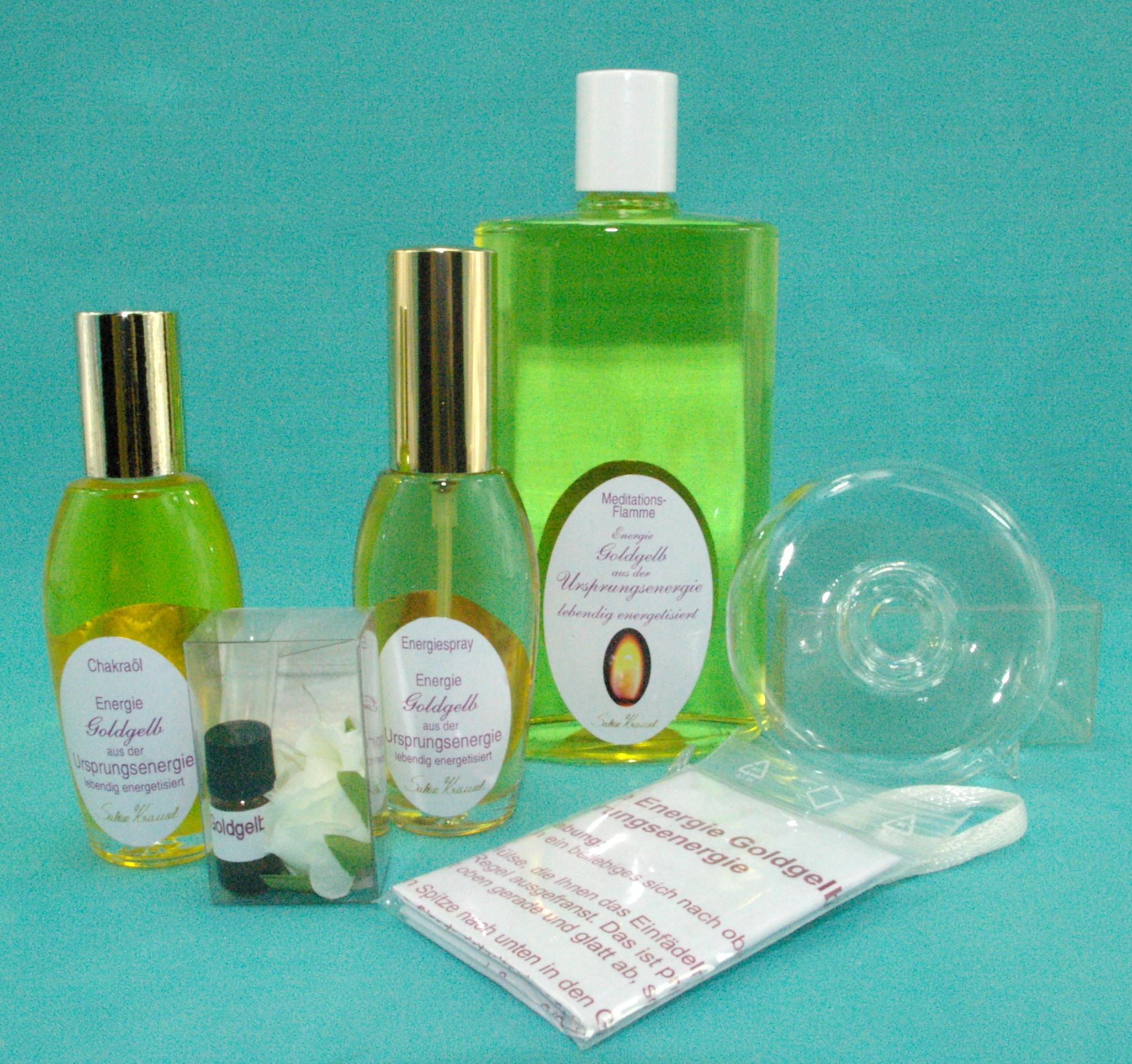 Set Energie GOLDGELB aus der Ursprungsenergie, 1x Energiespray, 1x Chakraöl, 1x Uressenz, 1x Meditationsflamme, 1x Schwimmer inkl. Dochthalter, Spezialdocht und Dochtanleitung Energie Goldgelb aus der Ursprungsenergie
